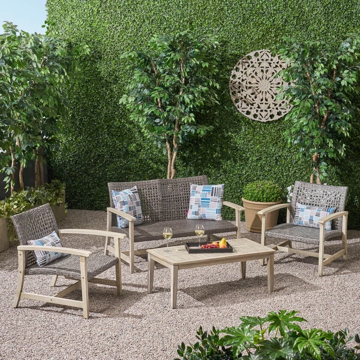 Bàn Ghế Gỗ Đan Mây Ngoài Trời – BG06